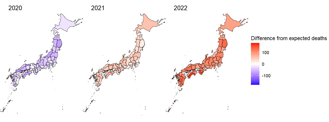 Map of Japan showing population-adjusted excess deaths by
        prefecture from 2020 to 2022